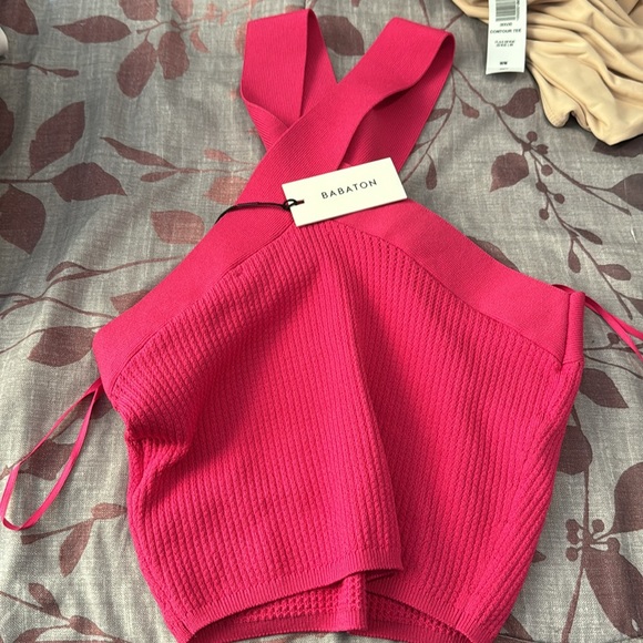 Aritzia Babaton sculpt Knit ribbed Criss Cross Cropped Tank eros pink size small - Picture 5 of 7